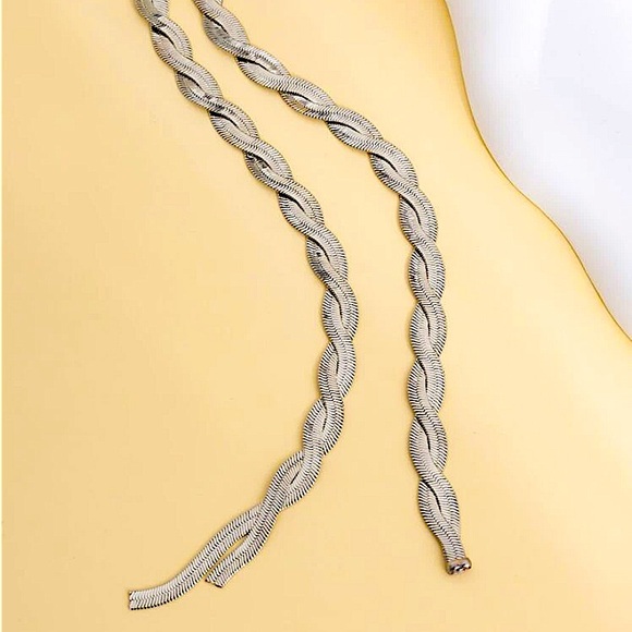 Y Lariat Sterling Silver Twisted Herringbone Statement Necklace Choker - Picture 4 of 5